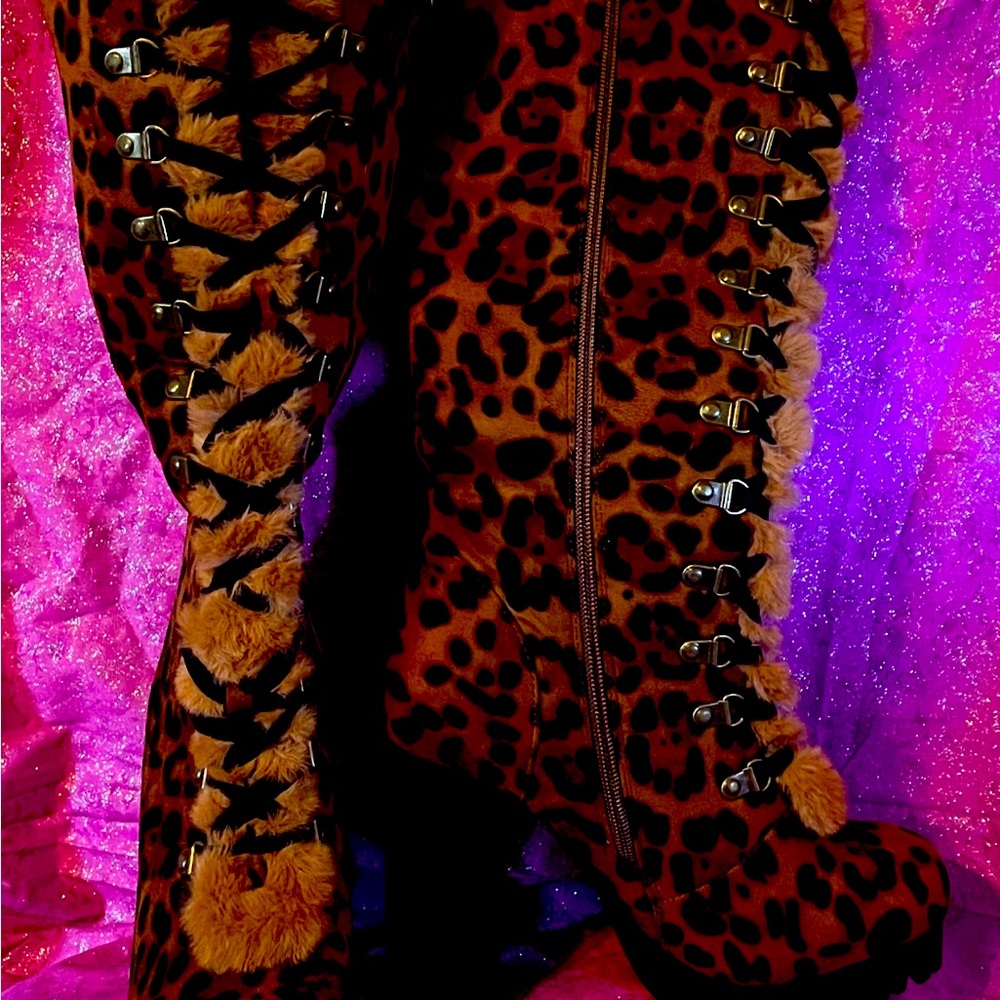 Cheetah print side zip front tie knee high boot